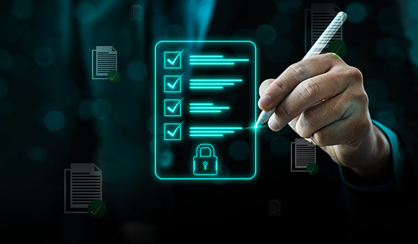 hand writing on checklist with lock symbol against blurred documents background highlighting six key tasks for security management